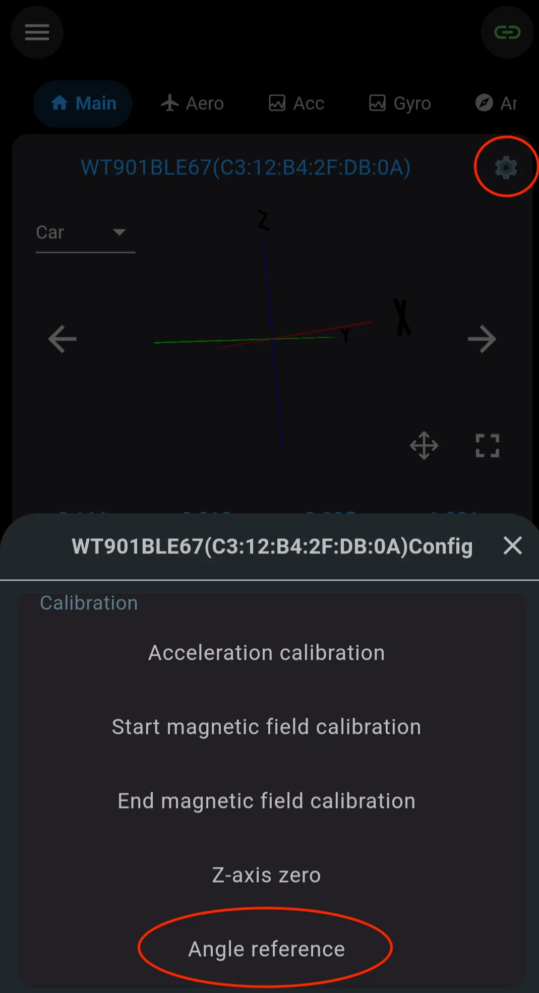 WitMotion app showing the calibration screen