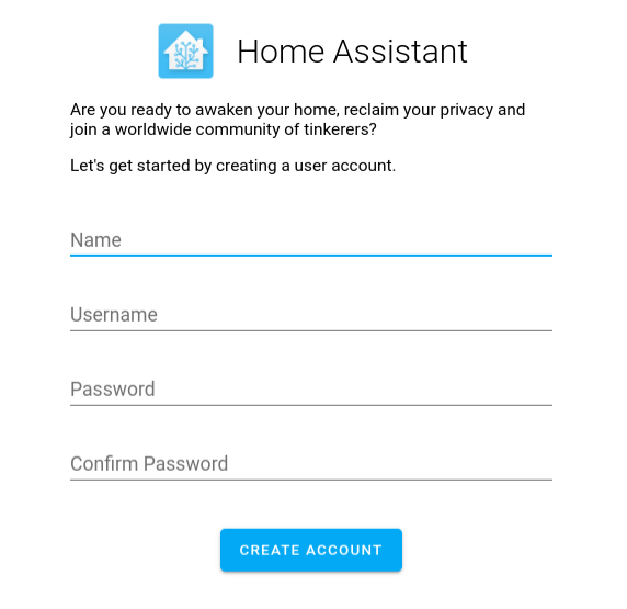 Home Assistant initial setup page