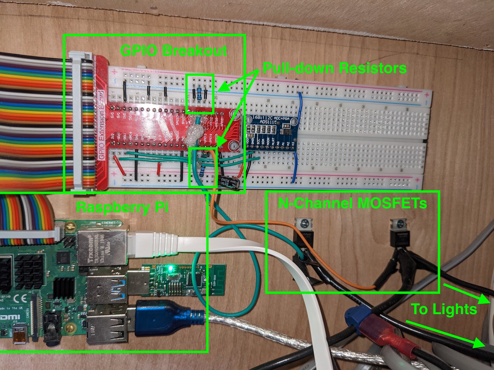 MOSFET circuit assembled on breadboard