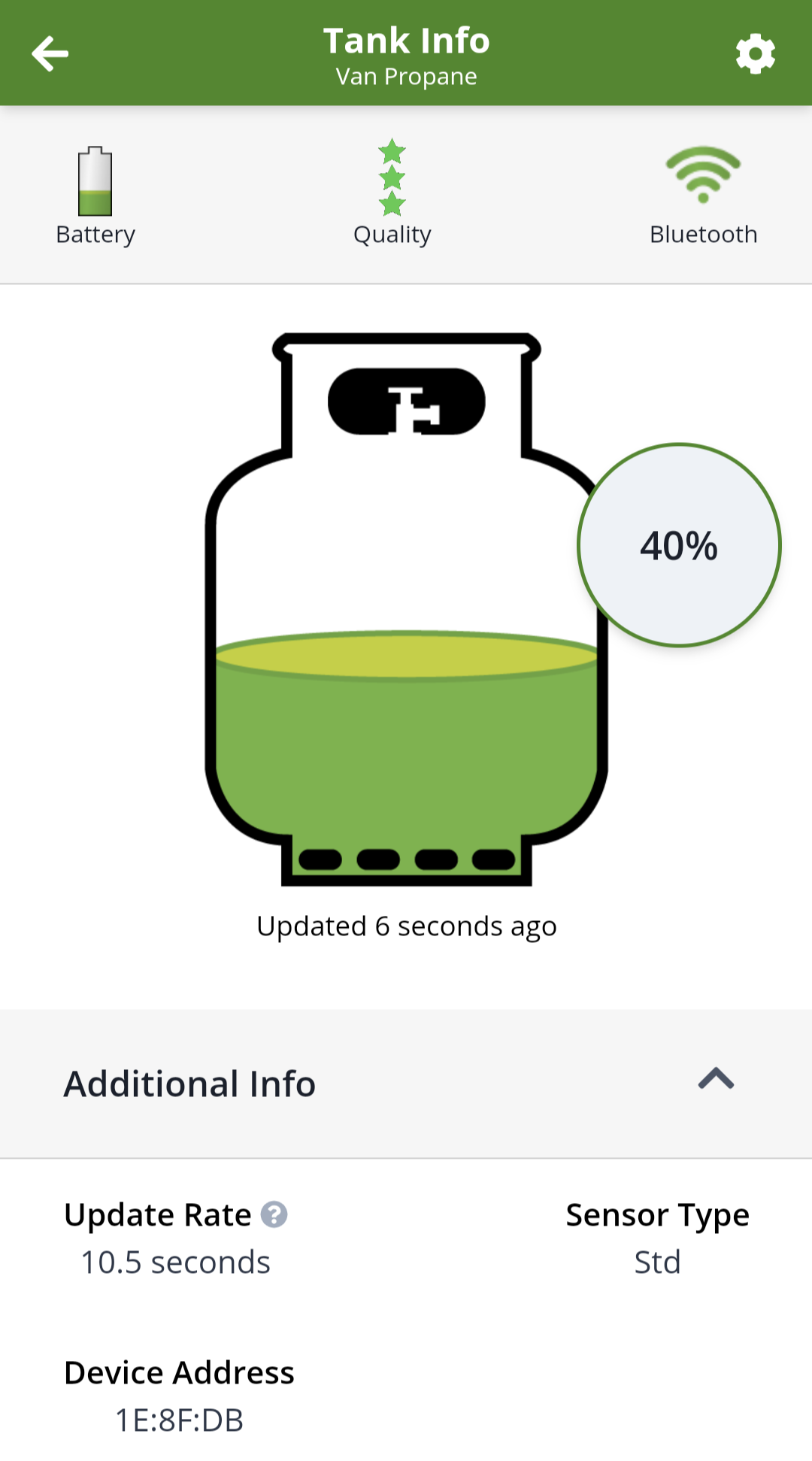 Mopeka Tank Check app showing propane level
