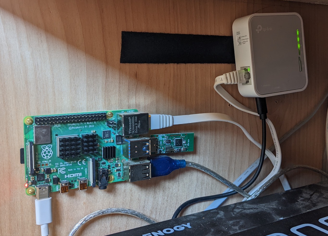Raspberry Pi mounted in van electronics cabinet